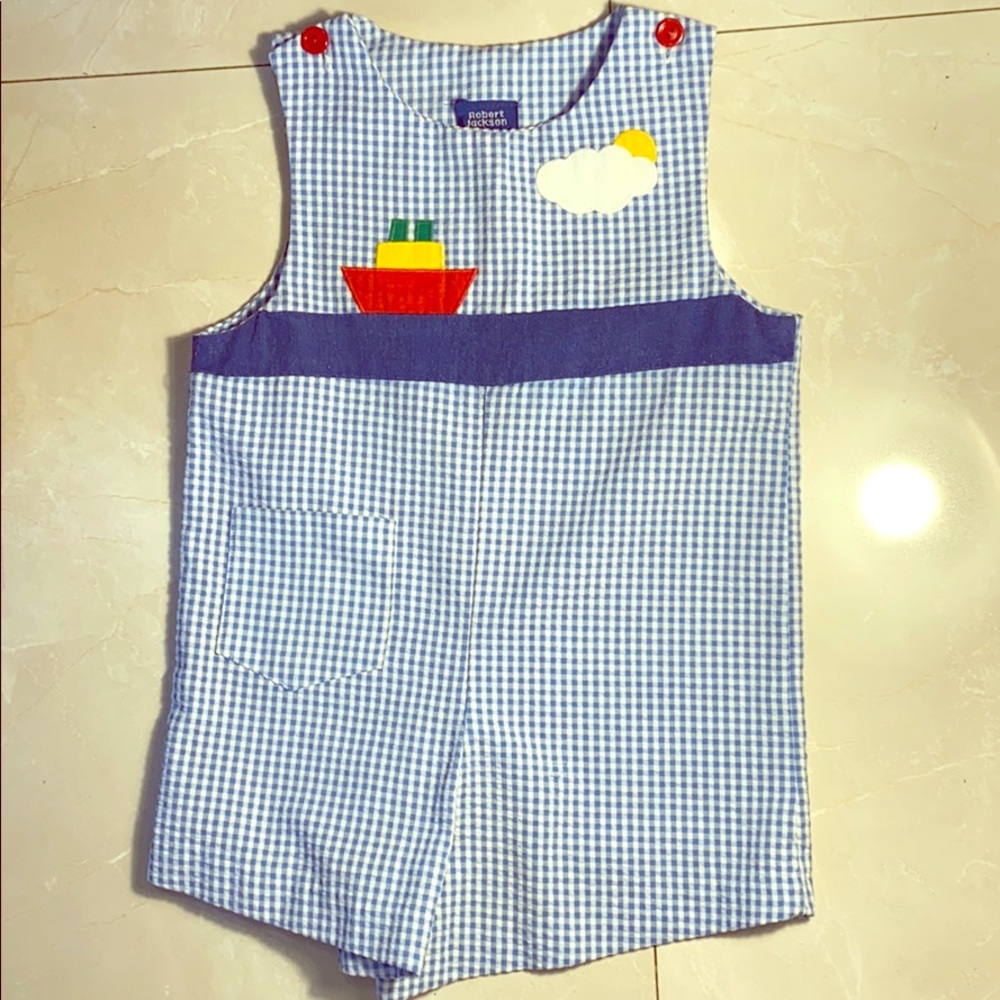 Boys 4T shortall embroidered boat - bl/wh gingham